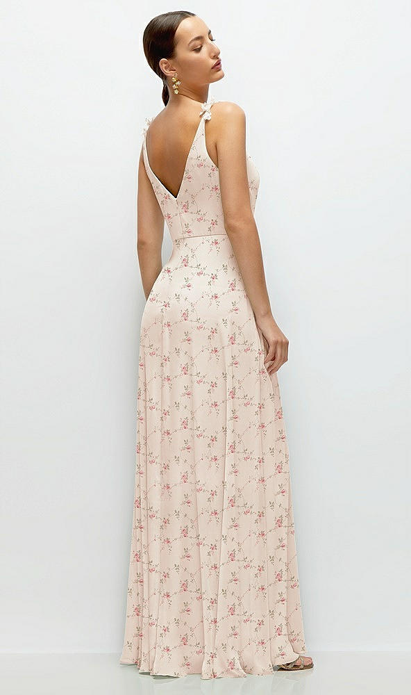 Back View - Coquette Floral Print Cowl Neck Chiffon Maxi Dress with Hand-Worked Petal Straps