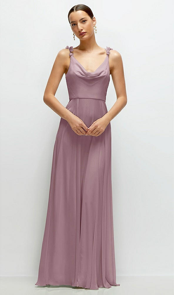 Front View - Dusty Rose Cowl Neck Chiffon Maxi Dress with Hand-Worked Petal Straps