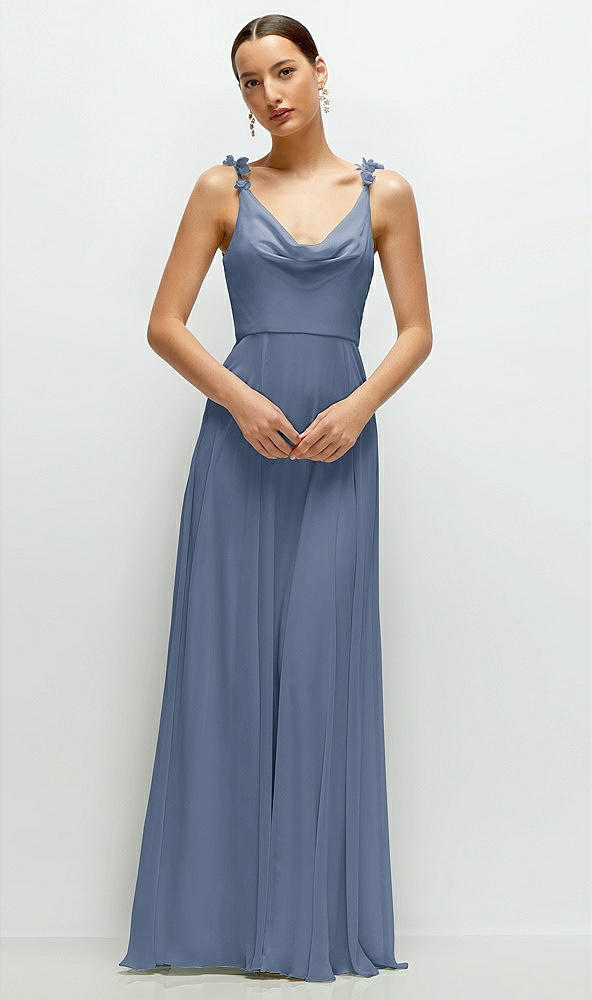 Front View - Larkspur Blue Cowl Neck Chiffon Maxi Dress with Hand-Worked Petal Straps