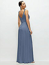 Rear View Thumbnail - Larkspur Blue Cowl Neck Chiffon Maxi Dress with Hand-Worked Petal Straps