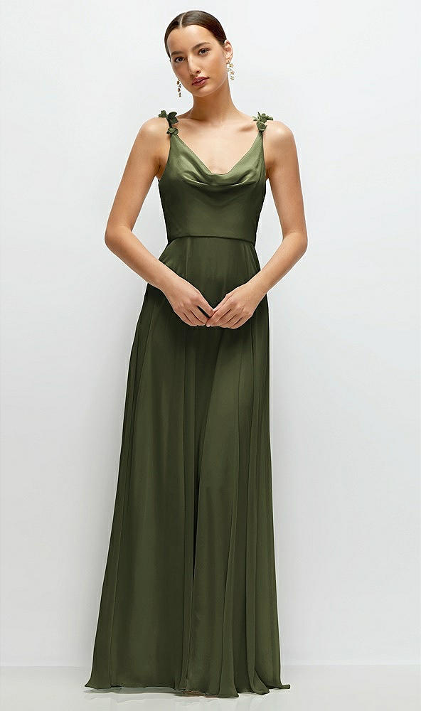 Front View - Olive Green Cowl Neck Chiffon Maxi Dress with Hand-Worked Petal Straps