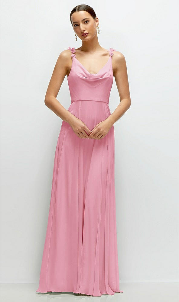 Front View - Peony Pink Cowl Neck Chiffon Maxi Dress with Hand-Worked Petal Straps