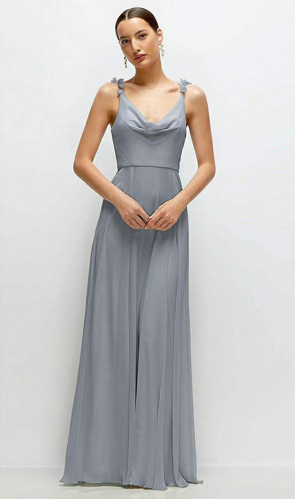 Front View - Platinum Cowl Neck Chiffon Maxi Dress with Hand-Worked Petal Straps