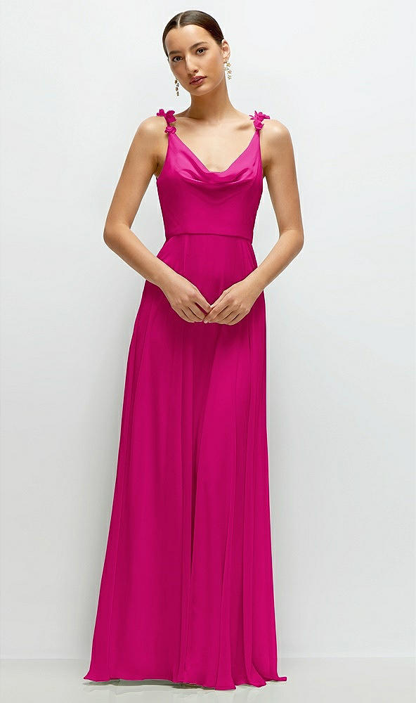 Front View - Think Pink Cowl Neck Chiffon Maxi Dress with Hand-Worked Petal Straps