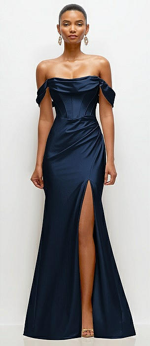 Cowl Neck Off-the-Shoulder Stretch Satin Fit and Flare Corset Maxi Dress