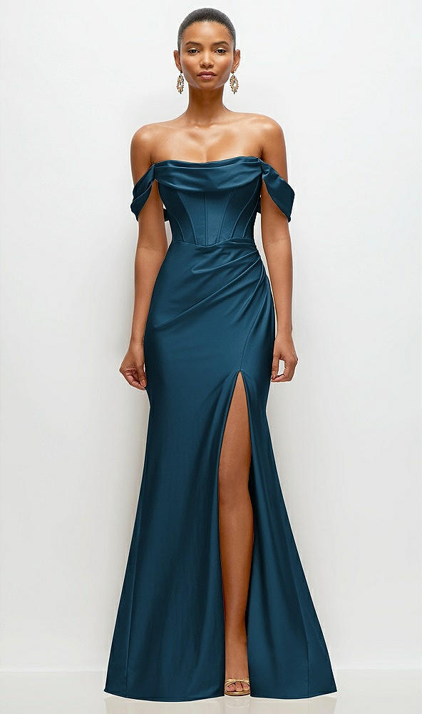 Front View - Atlantic Blue Cowl Neck Off-the-Shoulder Stretch Satin Fit and Flare Corset Maxi Dress