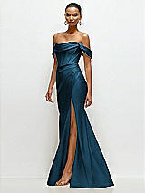 Side View Thumbnail - Atlantic Blue Cowl Neck Off-the-Shoulder Stretch Satin Fit and Flare Corset Maxi Dress