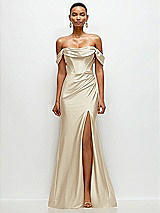 Front View Thumbnail - Champagne Cowl Neck Off-the-Shoulder Stretch Satin Fit and Flare Corset Maxi Dress