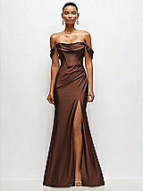 Front View Thumbnail - Cognac Cowl Neck Off-the-Shoulder Stretch Satin Fit and Flare Corset Maxi Dress