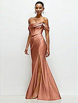 Side View Thumbnail - Copper Penny Cowl Neck Off-the-Shoulder Stretch Satin Fit and Flare Corset Maxi Dress