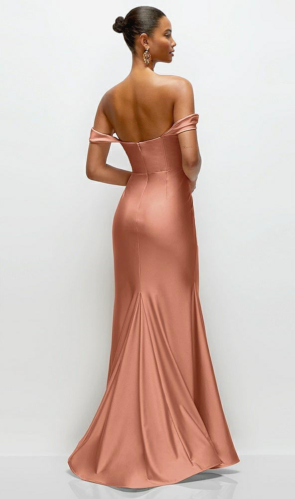 Back View - Copper Penny Cowl Neck Off-the-Shoulder Stretch Satin Fit and Flare Corset Maxi Dress