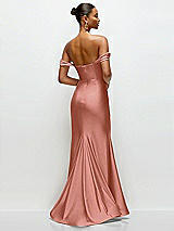 Rear View Thumbnail - Desert Rose Cowl Neck Off-the-Shoulder Stretch Satin Fit and Flare Corset Maxi Dress