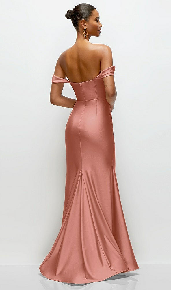 Back View - Desert Rose Cowl Neck Off-the-Shoulder Stretch Satin Fit and Flare Corset Maxi Dress