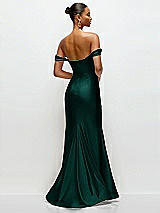 Rear View Thumbnail - Evergreen Cowl Neck Off-the-Shoulder Stretch Satin Fit and Flare Corset Maxi Dress