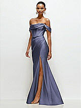 Side View Thumbnail - French Blue Cowl Neck Off-the-Shoulder Stretch Satin Fit and Flare Corset Maxi Dress