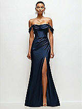 Front View Thumbnail - Midnight Navy Cowl Neck Off-the-Shoulder Stretch Satin Fit and Flare Corset Maxi Dress