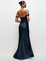 Rear View Thumbnail - Midnight Navy Cowl Neck Off-the-Shoulder Stretch Satin Fit and Flare Corset Maxi Dress