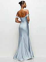 Rear View Thumbnail - Mist Cowl Neck Off-the-Shoulder Stretch Satin Fit and Flare Corset Maxi Dress