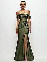 Front View Thumbnail - Olive Green Cowl Neck Off-the-Shoulder Stretch Satin Fit and Flare Corset Maxi Dress