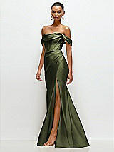 Side View Thumbnail - Olive Green Cowl Neck Off-the-Shoulder Stretch Satin Fit and Flare Corset Maxi Dress