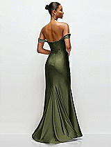 Rear View Thumbnail - Olive Green Cowl Neck Off-the-Shoulder Stretch Satin Fit and Flare Corset Maxi Dress