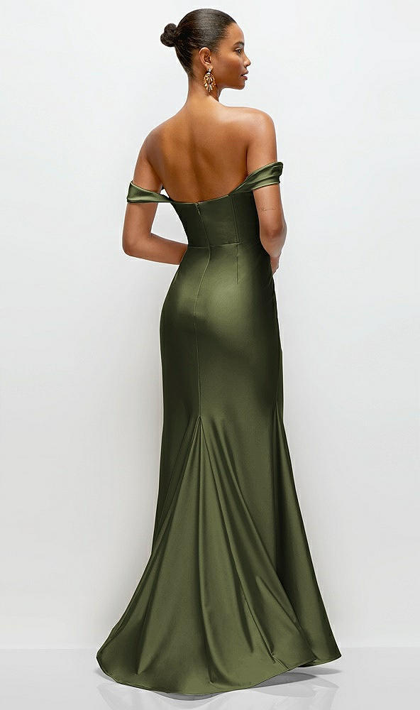 Back View - Olive Green Cowl Neck Off-the-Shoulder Stretch Satin Fit and Flare Corset Maxi Dress