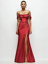 Front View Thumbnail - Poppy Red Cowl Neck Off-the-Shoulder Stretch Satin Fit and Flare Corset Maxi Dress