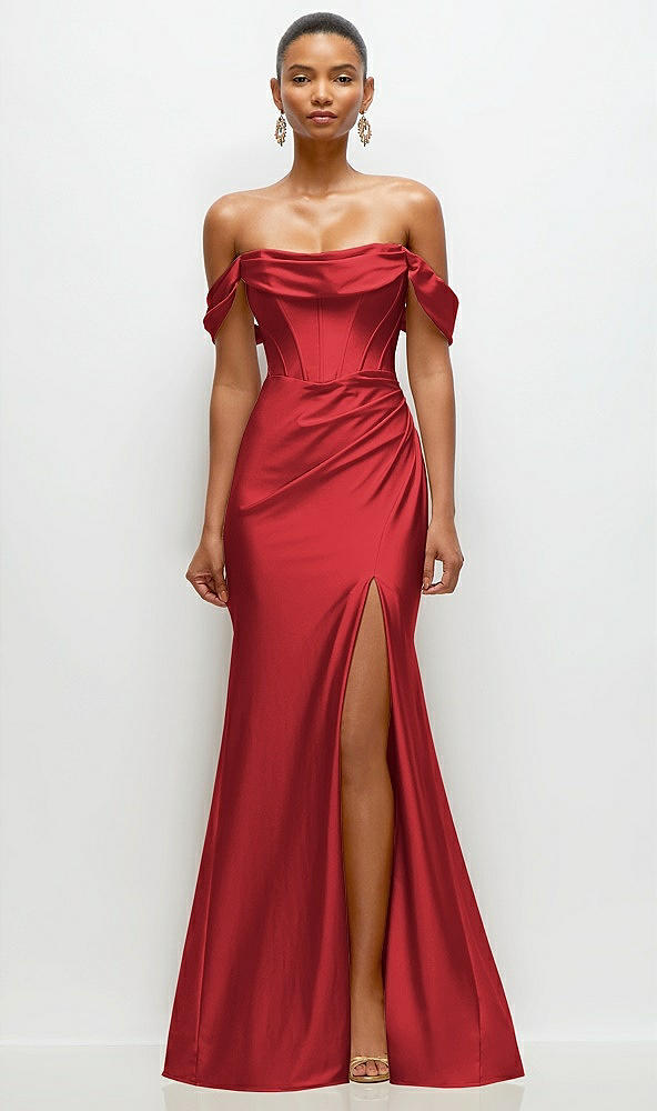 Front View - Poppy Red Cowl Neck Off-the-Shoulder Stretch Satin Fit and Flare Corset Maxi Dress