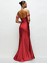 Rear View Thumbnail - Poppy Red Cowl Neck Off-the-Shoulder Stretch Satin Fit and Flare Corset Maxi Dress