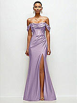 Front View Thumbnail - Pale Purple Cowl Neck Off-the-Shoulder Stretch Satin Fit and Flare Corset Maxi Dress