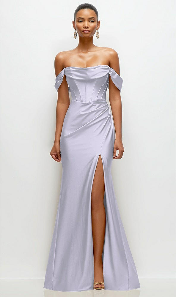 Front View - Silver Dove Cowl Neck Off-the-Shoulder Stretch Satin Fit and Flare Corset Maxi Dress