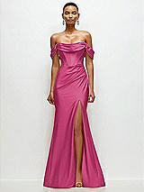 Front View Thumbnail - Tea Rose Cowl Neck Off-the-Shoulder Stretch Satin Fit and Flare Corset Maxi Dress