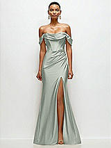 Front View Thumbnail - Willow Green Cowl Neck Off-the-Shoulder Stretch Satin Fit and Flare Corset Maxi Dress