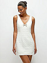 Alt View 1 Thumbnail - Ivory Shimmer Sleeveless Luxe Bridal Tweed Mini Sheath Dress with Rhinestone Trim