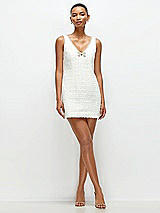 Front View Thumbnail - Ivory Shimmer Sleeveless Luxe Bridal Tweed Mini Sheath Dress with Rhinestone Trim