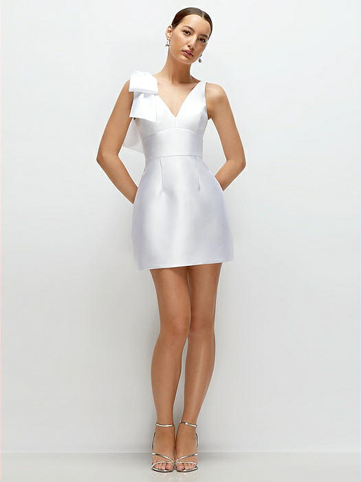 Sleeveless Satin Little White Mini Dress with Handcrafted Shoulder Bow