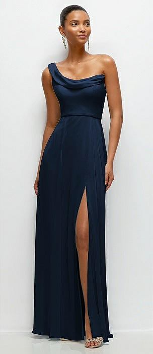 Chiffon One-Shoulder Maxi Dress with Draped Cowl Neckline