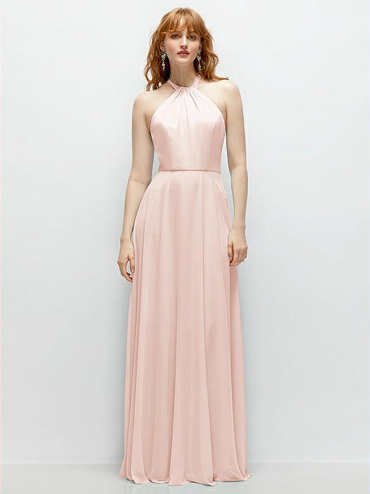 Shirred Halter Chiffon Maxi Dress with Back Sash-Tie Closure