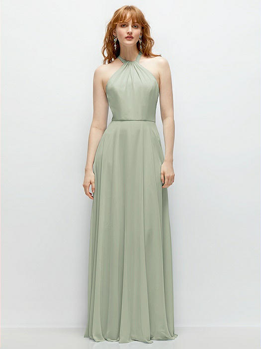 Shirred Halter Chiffon Maxi Dress with Back Sash-Tie Closure