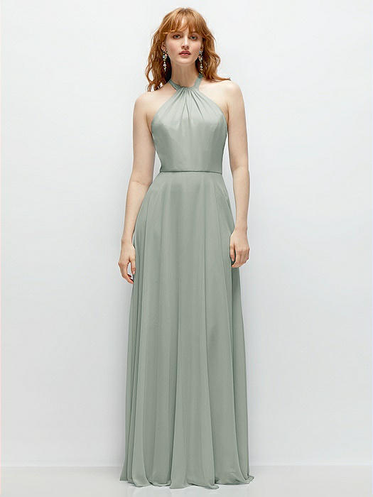 Shirred Halter Chiffon Maxi Dress with Back Sash-Tie Closure