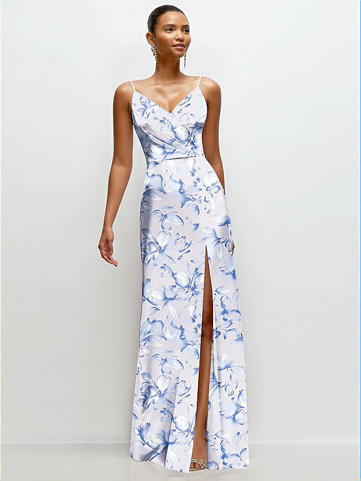 Floral Pleated Faux Wrap Satin Maxi Dress with Adjustable Spaghetti Straps