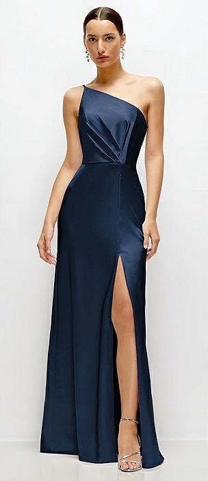 Pleated One-Shoulder Satin Maxi Dress with A-Line Skirt