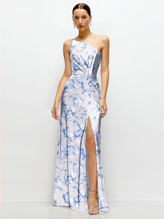 Floral Pleated One-Shoulder Satin Maxi Dress with A-Line Skirt