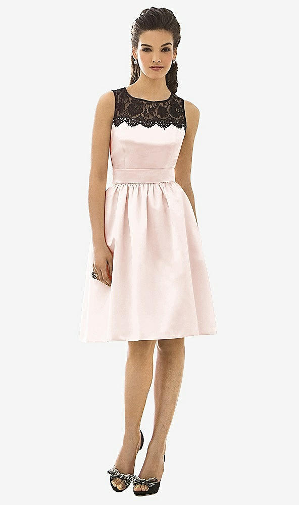 Front View - Blush Lace Neck Midi Satin Sleeveless Dress