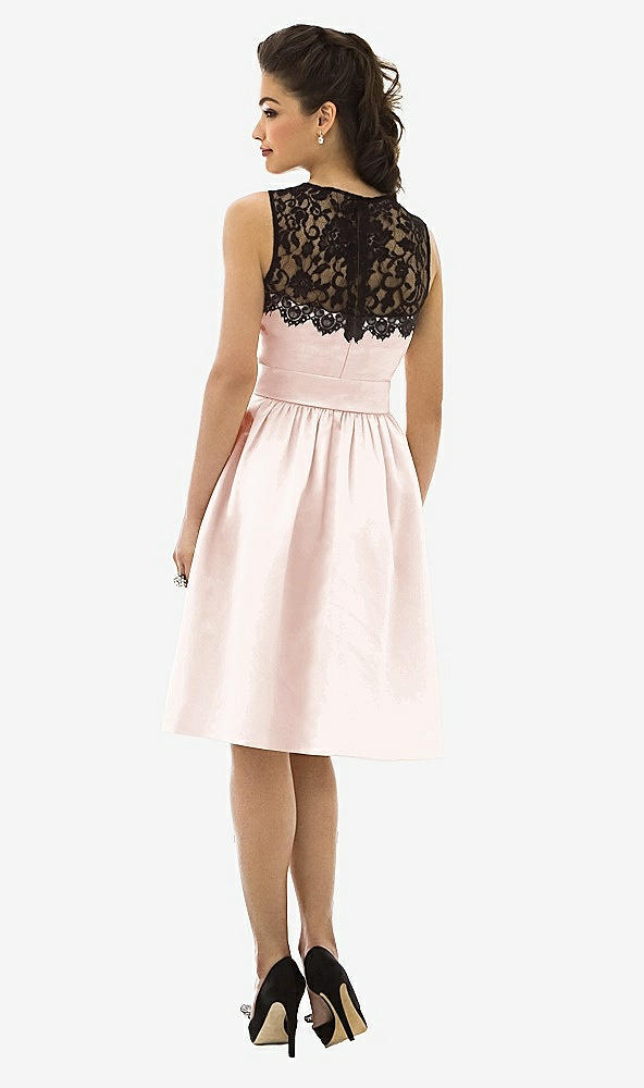 Back View - Blush Lace Neck Midi Satin Sleeveless Dress