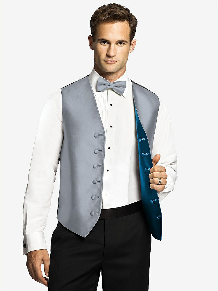 Front View - Platinum & Ocean Blue Reversible Tuxedo Vests by After Six