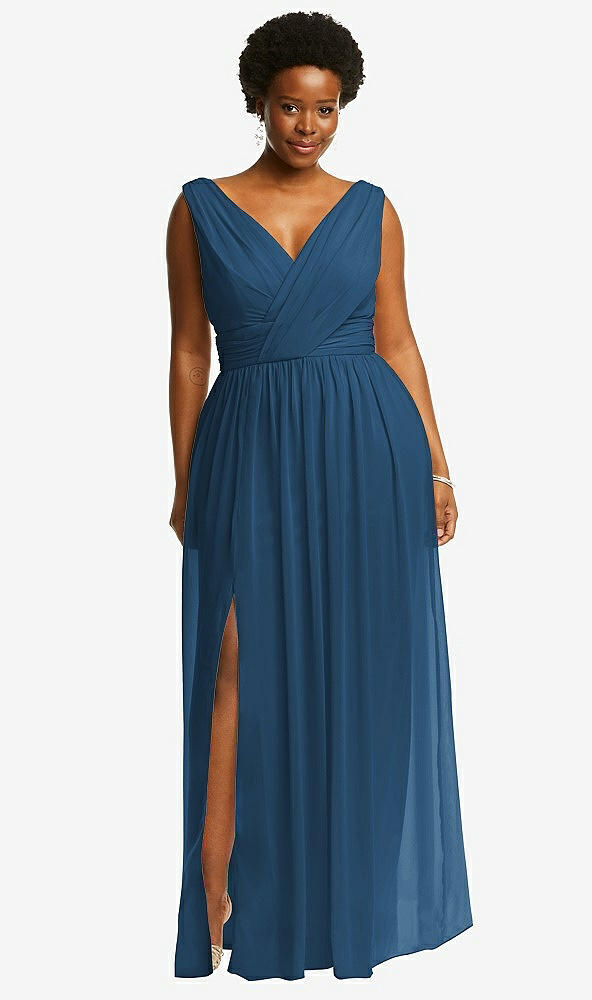 Front View - Dusk Blue Sleeveless Draped Chiffon Maxi Dress with Front Slit