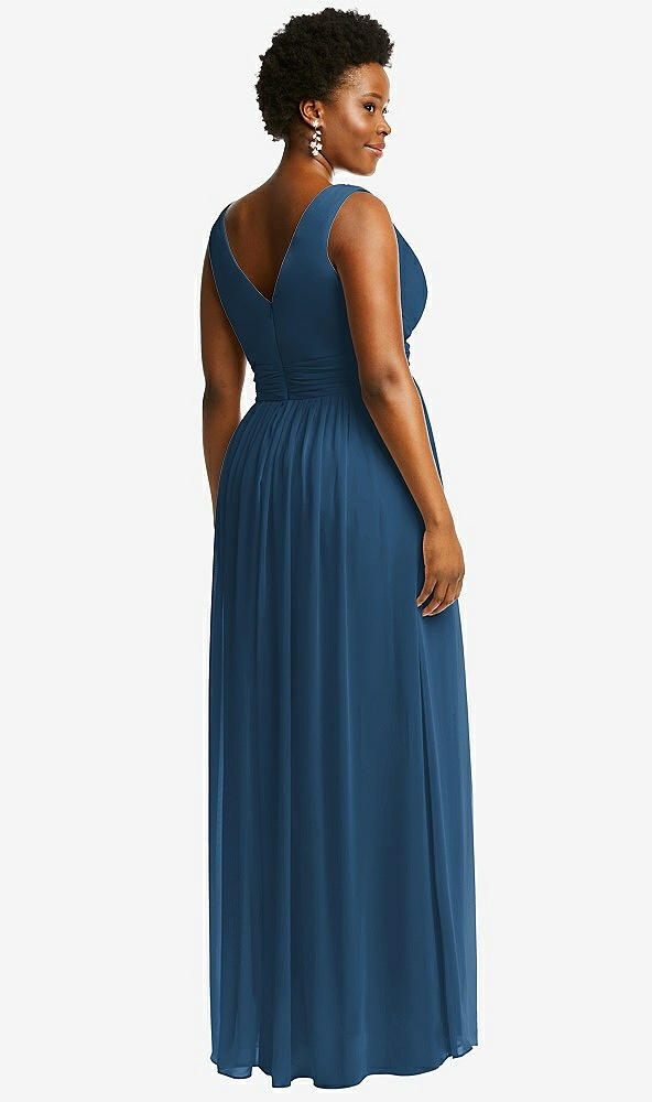 Back View - Dusk Blue Sleeveless Draped Chiffon Maxi Dress with Front Slit