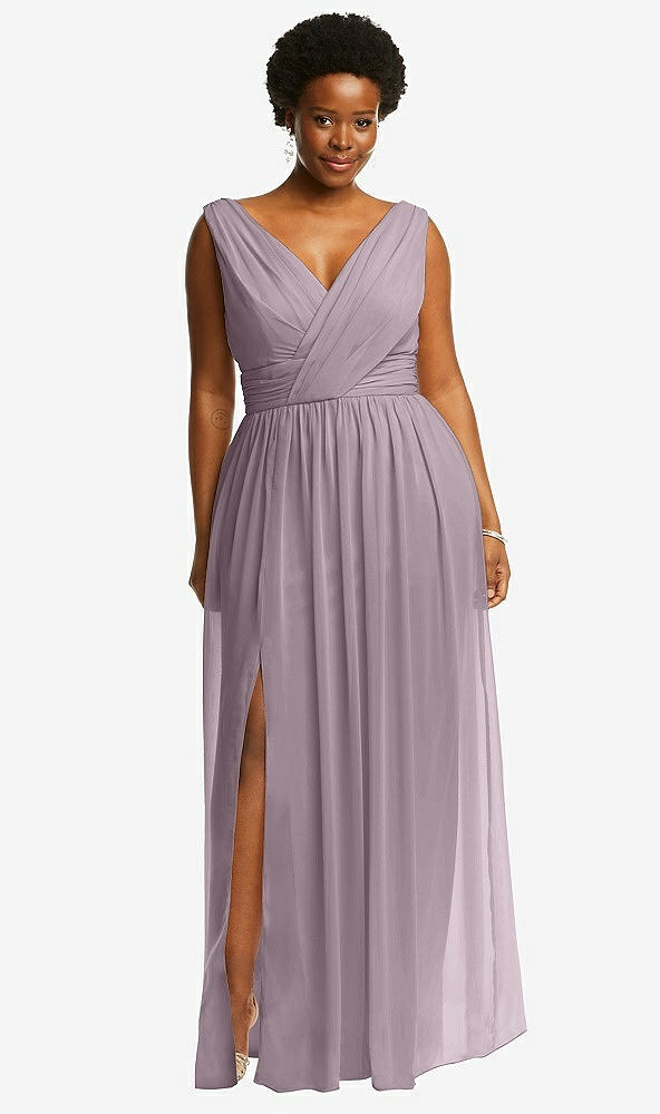 Front View - Lilac Dusk Sleeveless Draped Chiffon Maxi Dress with Front Slit