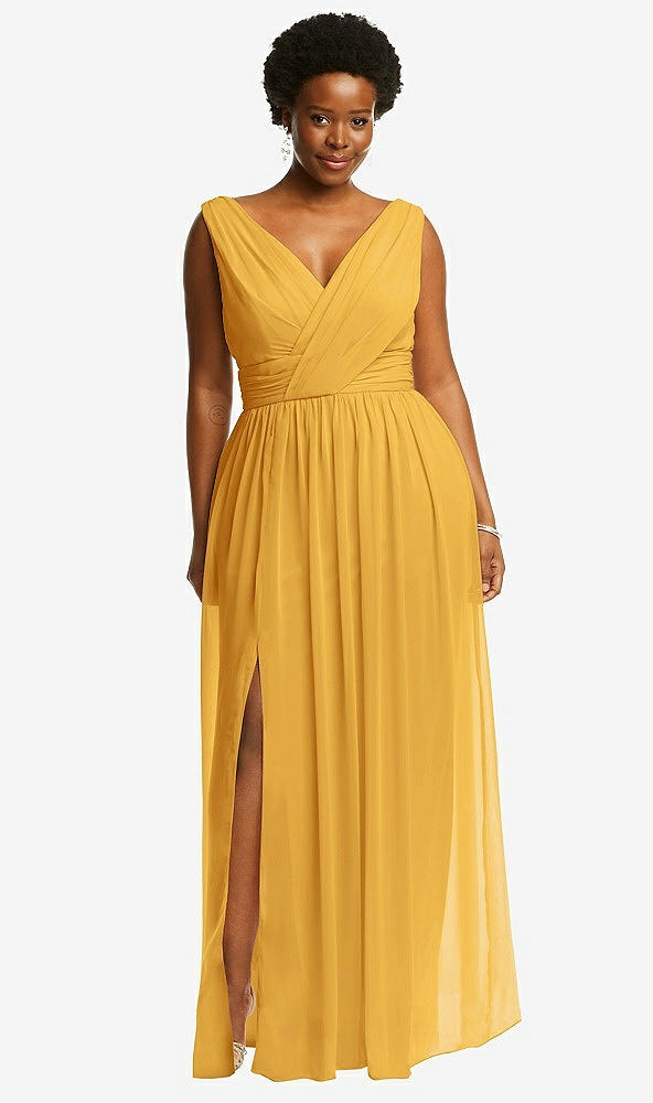 Front View - NYC Yellow Sleeveless Draped Chiffon Maxi Dress with Front Slit